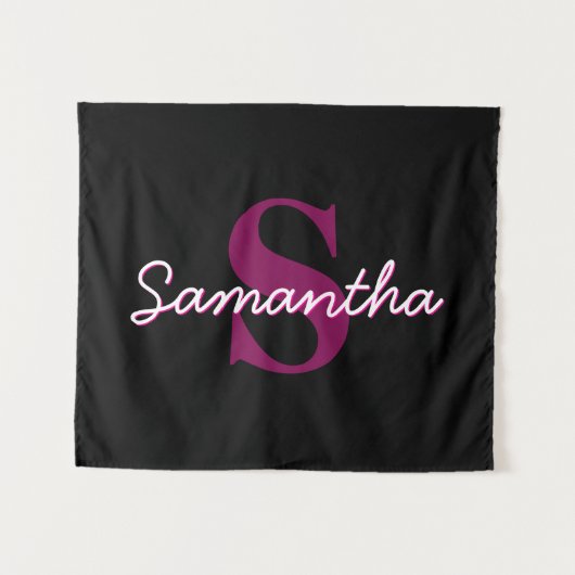 Schattige  Roze & Zwart Monogram Script Wandkleed (Voorkant (horizontaal))