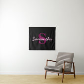Schattige  Roze & Zwart Monogram Script Wandkleed (In Situ (horizontaal))