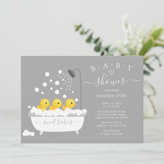 Schattige Rubber Duck Triplets Baby shower Kaart (Staand voorkant)