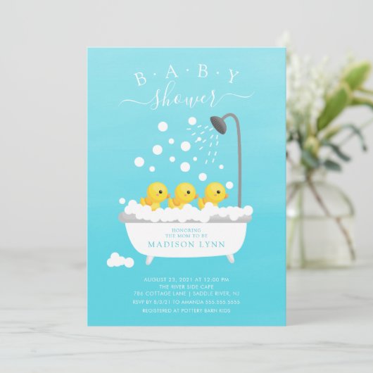 Schattige Rubber Duck Triplets Baby shower Uitnodi Kaart (Staand voorkant)
