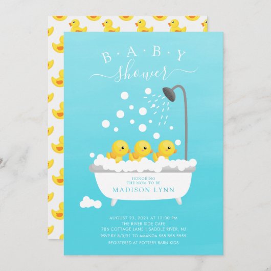 Schattige Rubber Duck Triplets Baby shower Uitnodi Kaart (Voorkant / Achterkant)
