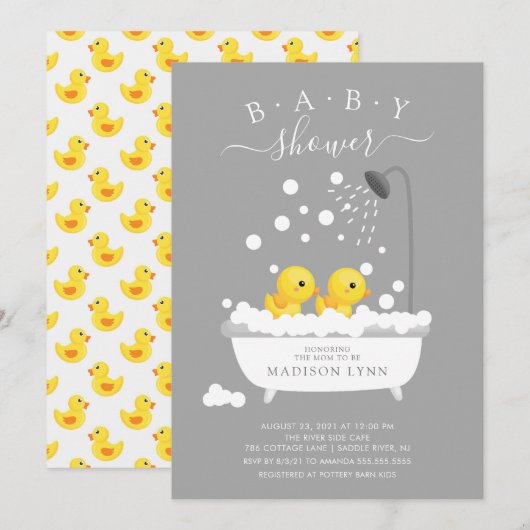 Schattige Rubber Duck Twins Baby shower Invitation Kaart (Voorkant / Achterkant)