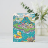 Schattige rubberen eend voor een vulkaan briefkaart (Staand voorkant)