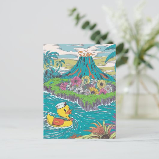 Schattige rubberen eend voor een vulkaan briefkaart (Staand voorkant)