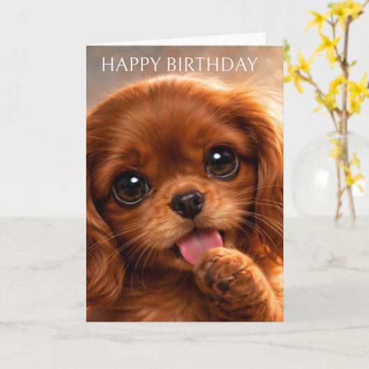 Schattige Ruby Cavalier Spaniel Kaart (Gele Bloem)