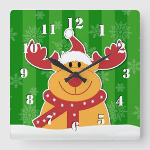 Schattige Rudolph in de sneeuw groene Kerstmis Vierkante Klok
