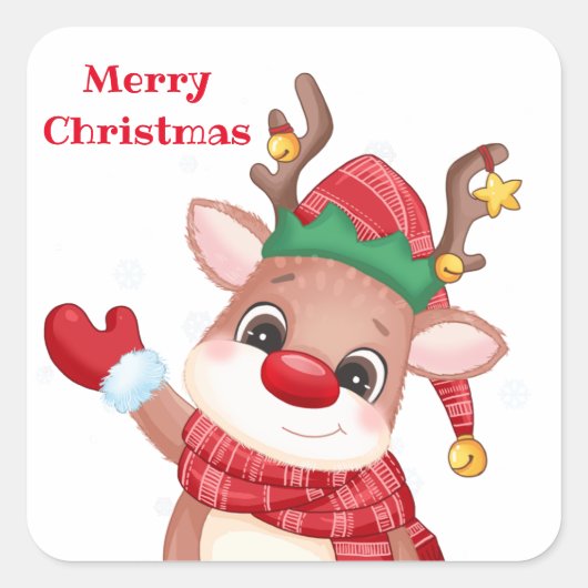 Schattige Rudolph The Red Nose Reindeer Kerstmis Vierkante Sticker (Voorkant)