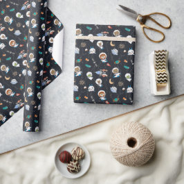 Schattige ruimte dieren met gouden sterrenstof spo cadeaupapier