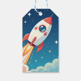 Schattige ruimteraket die opstijgt cadeaulabel