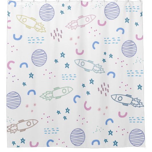 Schattige ruimteraketpatroon | Douchegordijn (Voorkant)