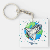 Schattige ruimteschip rond de aarde sleutelhanger (voorkant)