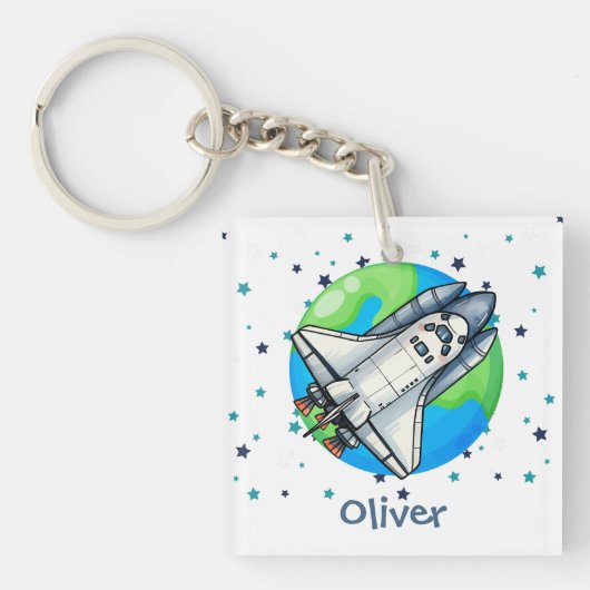 Schattige ruimteschip rond de aarde sleutelhanger (voorkant)