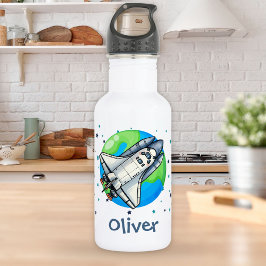 Schattige ruimteschip rond de aarde waterfles