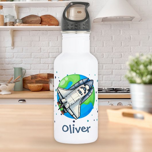 Schattige ruimteschip rond de aarde waterfles 