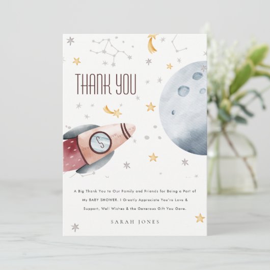 Schattige Ruimtesterren Planeet Raket Baby Shower Bedankkaart (Staand voorkant)
