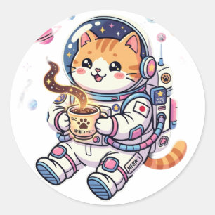 Schattige Ruimtevaartkat Drinkt Koffie Klassieke R Ronde Sticker