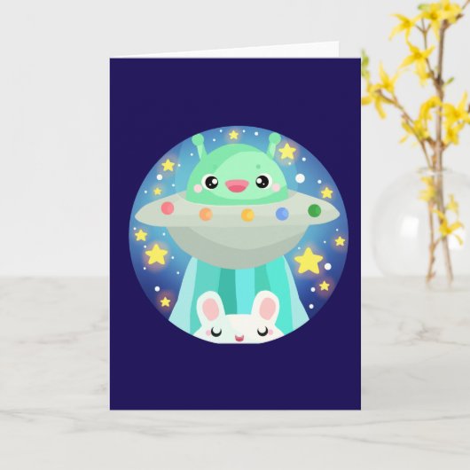 Schattige ruimtewezen en konijntje kaart (Gele Bloem)