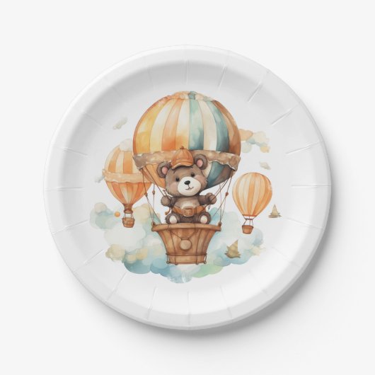 Schattige Rustiek Beer met Ballonnen Waterverf Woo Papieren Bordje (Voorkant)