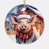 Schattige rustiek kerstvarken en schuur gepersonal keramisch ornament (Voorkant)