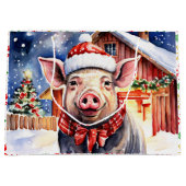 Schattige rustiek kerstvarken en -schuur groot cadeauzakje (Voorkant)