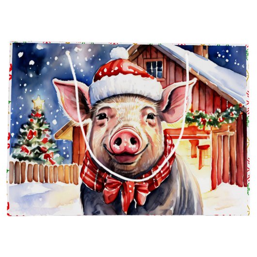 Schattige rustiek kerstvarken en -schuur groot cadeauzakje (Achterkant)