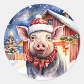 Schattige rustiek kerstvarken en schuur groot ronde sticker (Voorkant)