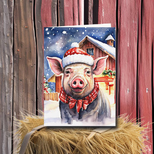 Schattige rustiek kerstvarken en -schuur kaart