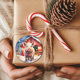 Schattige rustiek kerstvarken en -schuur ronde sticker