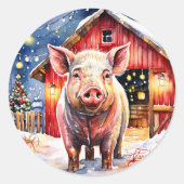 Schattige rustiek kerstvarken en -schuur ronde sticker (Voorkant)