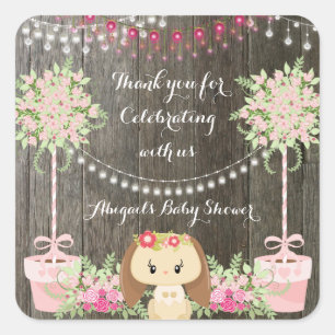 Schattige rustiek meisje konijn, roze bloemen Baby Vierkante Sticker