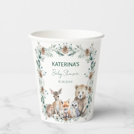 Schattige Rustiek Winter Woodland Animals Baby sho Papieren Bekers (Voorkant)