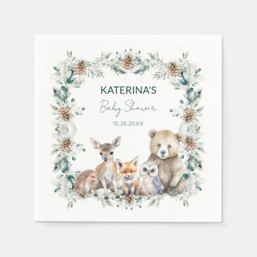 Schattige Rustiek Winter Woodland Animals Baby sho Servet (Voorkant)