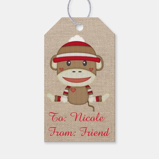 Schattige rustieke Custom Sock Monkey Party Cadeaulabel (Voorkant)