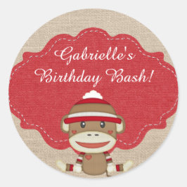 Schattige rustieke Custom Sock Monkey Party Ronde Sticker