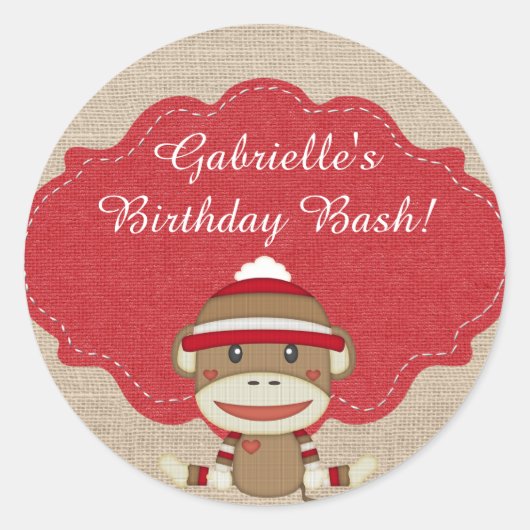 Schattige rustieke Custom Sock Monkey Party Ronde Sticker (Voorkant)