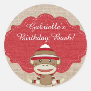 Schattige rustieke Custom Sock Monkey Party Ronde Sticker