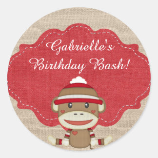Schattige rustieke Custom Sock Monkey Party Ronde Sticker