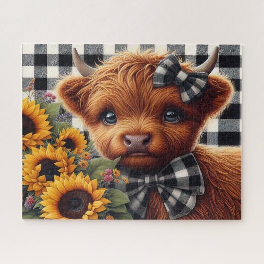 Schattige Rustieke Zonnebloem Highland Koe Legpuzzel (Horizontaal)
