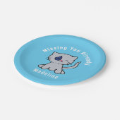 Schattige Sad Grey Cat Cartoon Afscheidsfeest Blau Papieren Bordje (Gekanteld)