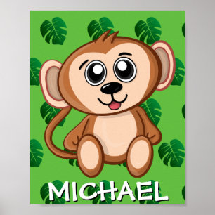 Schattige Safari Aap Groen Cartoon Jungle Naam Die Poster