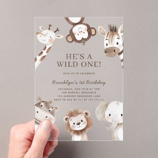 Schattige Safari Animal Themd 1e verjaardag Acryl Uitnodigingen (Insitu (Draagbaar))
