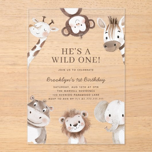 Schattige Safari Animal Themd 1e verjaardag Acryl Uitnodigingen (Voorkant)