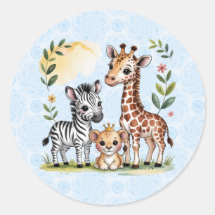 Schattige Safari Dieren Trio Jongens Baby Shower Ronde Sticker