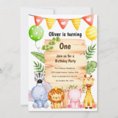 Schattige Safari Dieren w / Houten Teken, Verjaard Kaart (Voorkant)