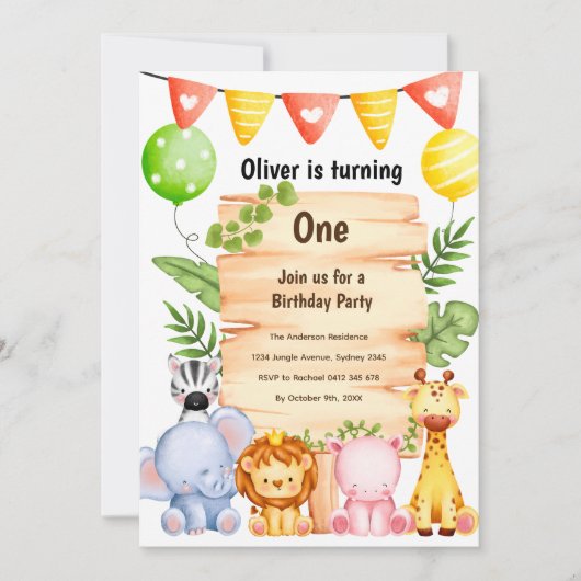 Schattige Safari Dieren w / Houten Teken, Verjaard Kaart (Voorkant)