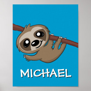 Schattige Safari Luiaard Cartoon Jungle Naam Blauw Poster