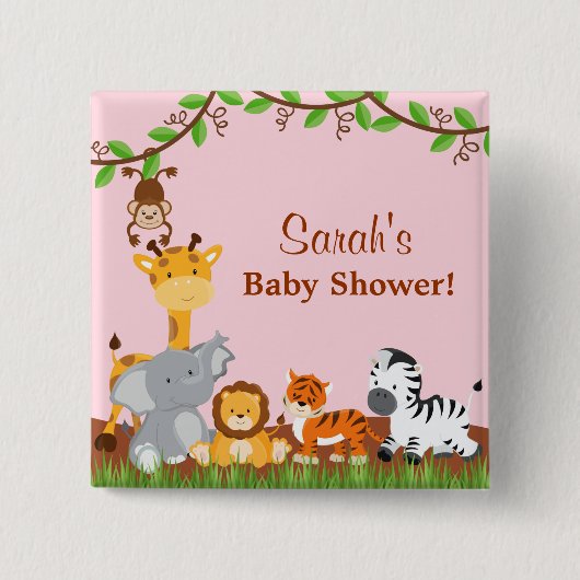 Schattige Safari Oerwoud Dier Meisje Baby shower B Vierkante Button 5,1 Cm (Voorkant)