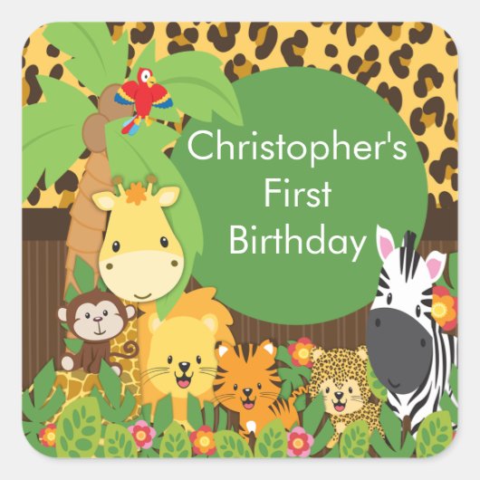 Schattige Safari Oerwoud Verjaardagsfeest Vierkante Sticker (Voorkant)