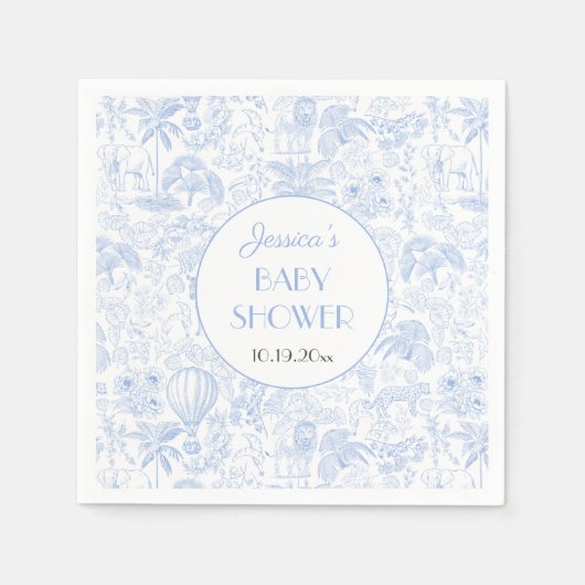 Schattige Safari Toile de Jouy Blauw Baby shower P Servet (Voorkant)