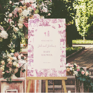Schattige Safari Toile de Jouy Roze Baby Shower Poster